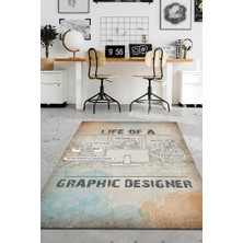 Homshtag Grafikerin Hayatı Pamuklu Dokuma Tabanlı Yıkanabilir Kaymaz Tasarımcı Halısı