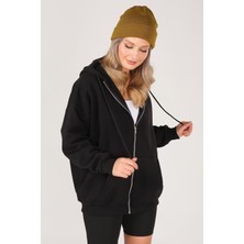 Giyim Dünyası Kadın Fermuarlı Kapüşonlu Oversize Sweatshirt Siyah