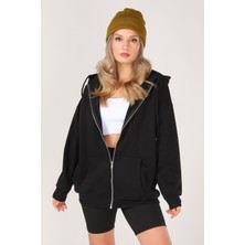 Giyim Dünyası Kadın Fermuarlı Kapüşonlu Oversize Sweatshirt Siyah