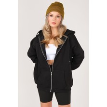 Giyim Dünyası Kadın Fermuarlı Kapüşonlu Oversize Sweatshirt Siyah