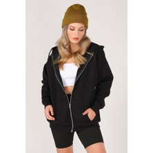 Giyim Dünyası Kadın Fermuarlı Kapüşonlu Oversize Sweatshirt Siyah