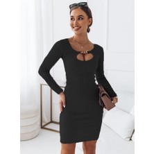 Nefa Ticaret Kadın Siyah Zincir Dekolteli Fitil Desen Bodycon Elbise