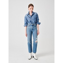 Denim Trip MINA Flare Crop Fit Damageli Orta İndigo Kadın Jean Pantolon