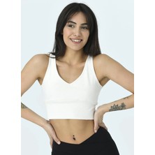 Comm-Ci Ceres Ribanalı Organik Pamuk V Yaka Örme Crop T-Shirt 1057