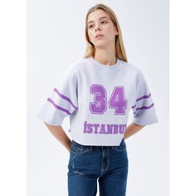 Denim Trip Rahat Crop Fit Baskılı Lila Kadın Sweatshirt