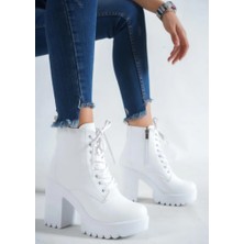 Gdt Ayakkabı Beyaz Cilt Deri Yüksek Kalın Topuk Kadın Bot