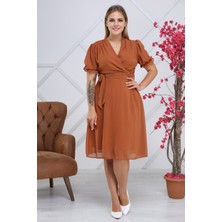 Apsen Kadın Kruvaze Yaka Kuşaklı Büyük Beden Midi Boy Şifon Elbise 4255-110