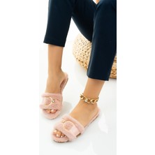 Moda Fırsat Pudra Kadın Tüylü Terlik D Toka Pofuduk Rahat Ev Terliği Çeyiz Bohça Lohusa Misafir Terliği