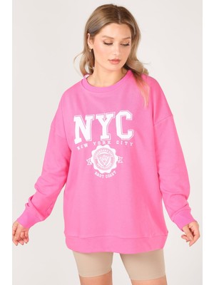 Giyim Dünyası Kadn Nyc Işleme Baskılı Sweatshirt Pembe