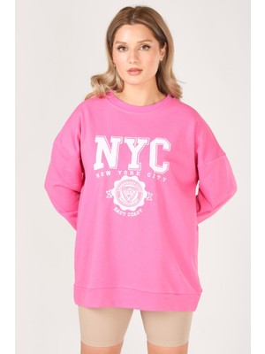 Giyim Dünyası Kadn Nyc Işleme Baskılı Sweatshirt Pembe