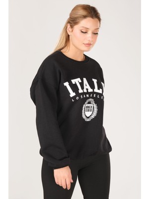 Giyim Dünyası Kadın Sıfır Yaka Italy Baskı Oversize Sweatshirt Siyah