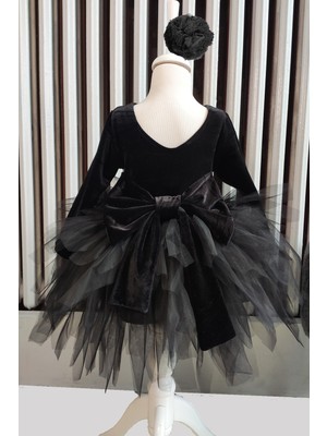 Shecco Babba Kız Çocuk Siyah Kadife Tüllü Elbise, Uzun Kollu Siyah Fiyonklu Doğum Günü Elbisesi, Bandana