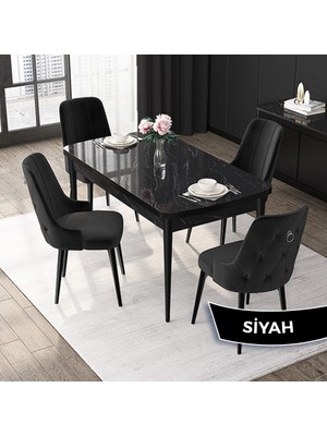 Canisa Concept Nex Serisi Siyah Mermer 80 x 132 cm Mdf Mutfak Masası Takımı Metal Iskelet 4 Sandalye Gümüş Halka