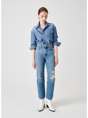 Denim Trip MINA Flare Crop Fit Damageli Orta İndigo Kadın Jean Pantolon