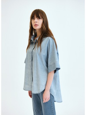 Denim Trip Gömlek Yaka Açık Indigo Kadın Denim Gömlek DT10014 Açık Indigo