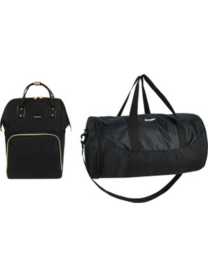 Barberri Anne Bebek Bakım Siyah Klasik Sırt Çantası ve Orta Boy Spor/seyahat El Valizi