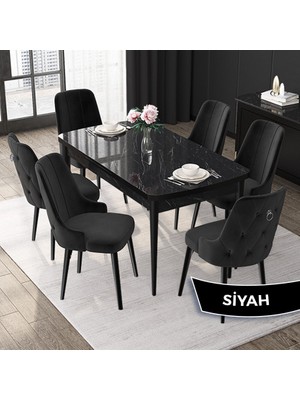 Canisa Concept Nex Serisi, Siyah Mermer 80X132 Mdf Mutfak Masası Takımı Metal Iskelet, 6 Sandalye Gümüş Halka
