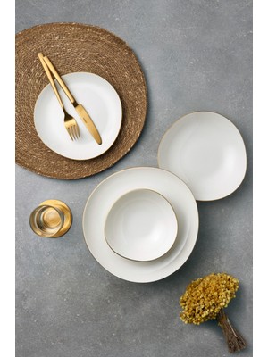 Güral Porselen Roden 24 Parça 6 Kişilik Beyaz Düz Yemek Takımı – Altın File Detaylı Şık Tasarım