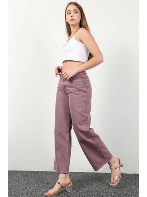 Blue White Kadın Yüksek Bel Düğmeli Culotte Fit Jean Pantolon Lila
