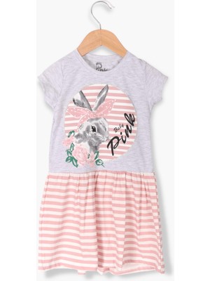 Pink Çizgili Tavşanlı Kız Çocuk Elbise