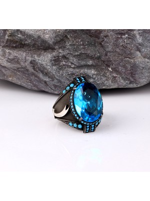 Tesbih Sepetim Blue Topaz Taşlı Erkek Gümüş Yüzük