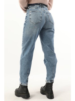 Blue White Kadın Yüksek Bel Düğmeli Mom Fit Jean Pantolon Mavi