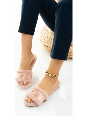 Moda Fırsat Pudra Kadın Tüylü Terlik D Toka Pofuduk Rahat Ev Terliği Çeyiz Bohça Lohusa Misafir Terliği