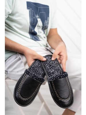 Siyah Deri Görünümlü Erkek Önü Kapalı Terlik Kışlık Hafif Terlik Misafir Çeyiz Damat Terliği