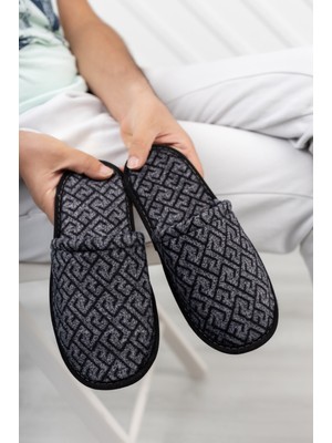 Siyah Kareli Erkek Önü Kapalı Terlik Peluş Yıkanabilir Ev Terliği Misafir Çeyiz Damat Terliği