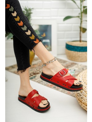 Kırmızı Kadın Dolgu Topuk Terlik Ortopedik Günlük Bayan Terlik Rahat Şık Topuklu Terlik