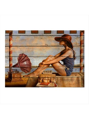 Ekart Ahşap Tablo  gramofon ve Kadın Desenli 50Cm x 70Cm