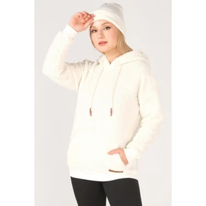 Giyim Dünyası Kadın Kapüşonlu Kanguru Cep Polar Sweatshirt Ekru