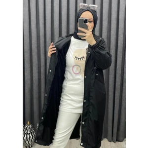 Kadın Bel Lastik Detaylı Gizli Fermuarlı Kapüşonlu Trençkot