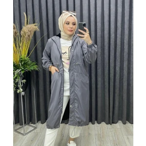 Kadın Bel Lastik Detaylı Gizli Fermuarlı Kapüşonlu Trençkot