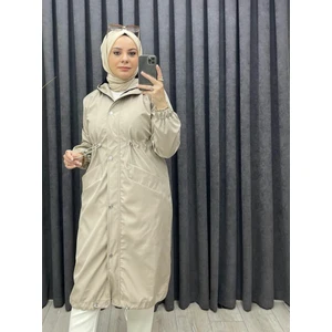 Kadın Bel Lastik Detaylı Gizli Fermuarlı Kapüşonlu Trençkot