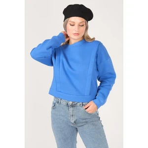 Giyim Dünyası Kadın Sıfır Yaka Crop Sweatshirt Saks Mavi