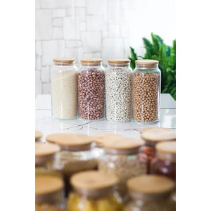 4'lü Bambu Kapaklı Vakumlu Büyük Boy Cam Kavanoz Saklama Kabı 1300ML