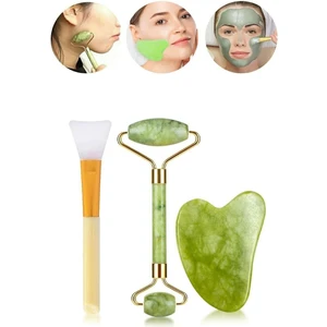 3'lü Cilt Bakım Seti Yeşim Taşı + Gua Sha Masaj Taşı + Maske Sürme Aparatı