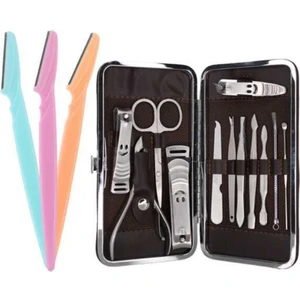 3 Lü Kaş Usturası ve Orta Boy 12 Parça Manikür Seti