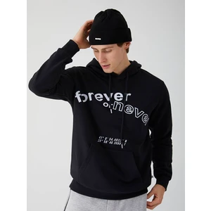 Slogan Baskılı Kapüşonlu Siyah Sweatshirt