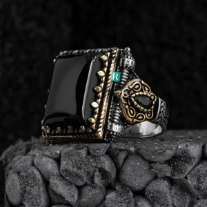 Rev Silver 925 Ayar Gümüş Erkek Yüzük Akik Oniks Taşı Yüksek Kaliteli Takı