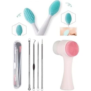 Dudak Peeling Fırçası & 4 Parça Kutulu Paslanmaz Çelik Komedon & Çift Taraflı Yüz Temizleme Fırçası