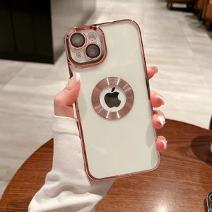 M.TK Moveteck Iphone 14 Uyumlu Kılıf Kamera Lens Üstü Kapalı Tam Koruma Orta Logo Gösterir Halkalı Şeffaf