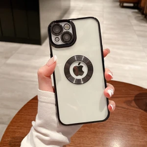 M.TK Moveteck Iphone 14 Uyumlu Kılıf Kamera Lens Üstü Kapalı Tam Koruma Orta Logo Gösterir Halkalı Şeffaf