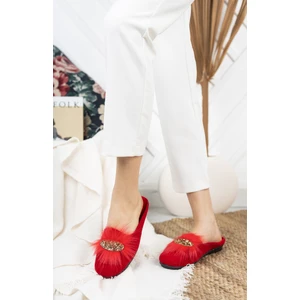 Moda Fırsat Kırmızı Tüylü Taşlı Kadın Terlik Tüylü Şık Ev Terliği Süslü Çeyiz Doğum Misafir Yılbaşı Terliği