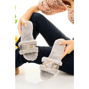 Moda Fırsat Gri Kadın Tüylü Terlik D Toka Pofuduk Rahat Ev Terliği Çeyiz Bohça Lohusa Misafir Terliği