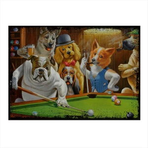 Ahşap Tablo Bilardo Oynayan Köpekler 50Cm x 70Cm