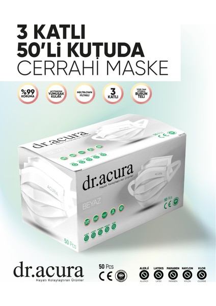 3 Katlı Meltblown Filtreli Ipli Maske 1 Kutu - 50 Adet