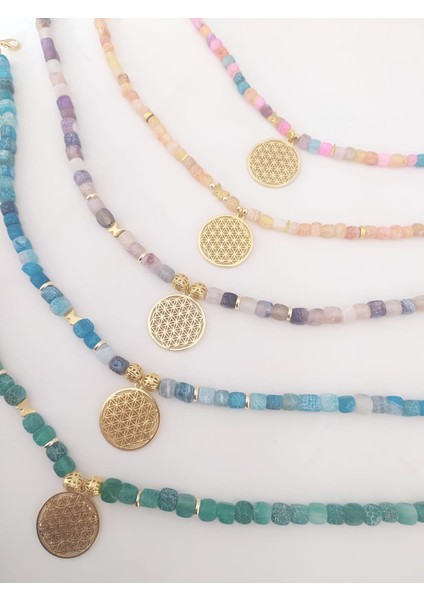 Yaşam Çiçeği Kolye Uçlu Damarlı Akik Doğal Taş Kolye modelleri