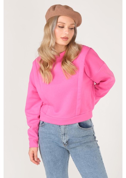 Giyim Dünyası Kadın Sıfır Yaka Crop Sweatshirt Pembe